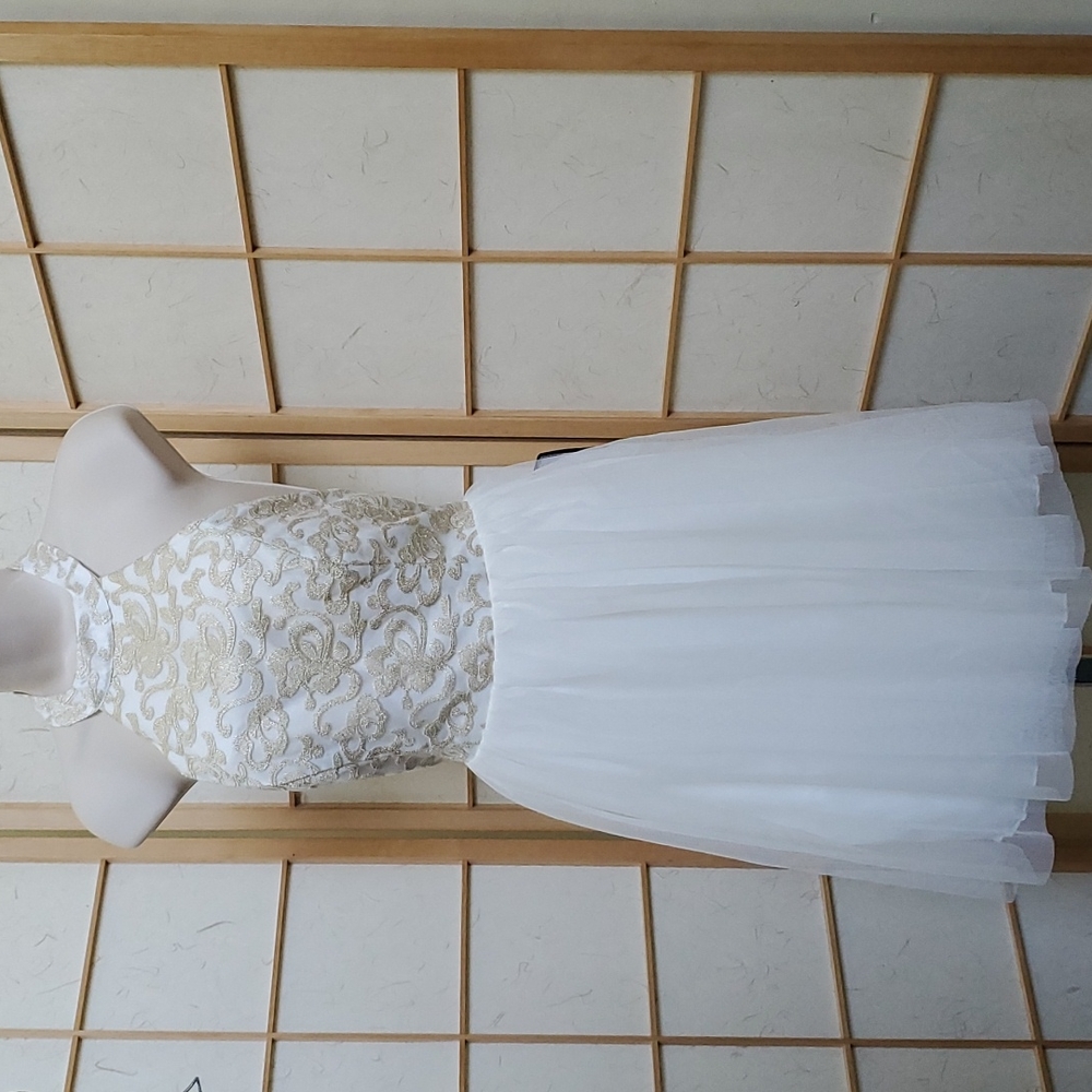 Junior Women White/Gold Sequin Hearts Former Dress in a Size 9